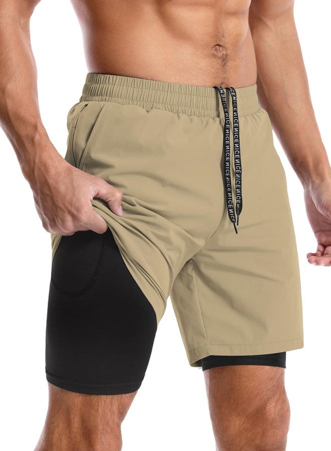 Aolesy Men’s 2 in 1 Running Shorts 7 Inch Quick Dry Workout Gym Shorts with Pockets Tennis Training Athletic Shorts with Liner for Men Khaki - Image 1